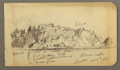 Rysunek, zalesiony brzeg, woda, 1878 r. autorstwa Frederic Edwin Church
