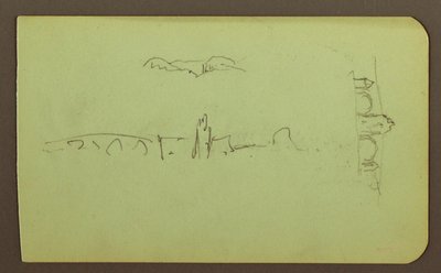 Rysunek, wzgórza, kościół, most; Verso: postać, krzyż, kościół, 1883 r. autorstwa Frederic Edwin Church