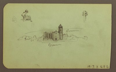 Rysunek, wzgórza, kościół, most; Verso: postać, krzyż, kościół, 1883 r. autorstwa Frederic Edwin Church