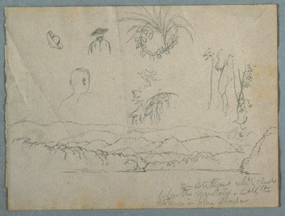 Brzeg rzeki z górami i chmurami, trzy szkice botaniczne i badania popiersi mężczyzn w kapeluszach autorstwa Frederic Edwin Church