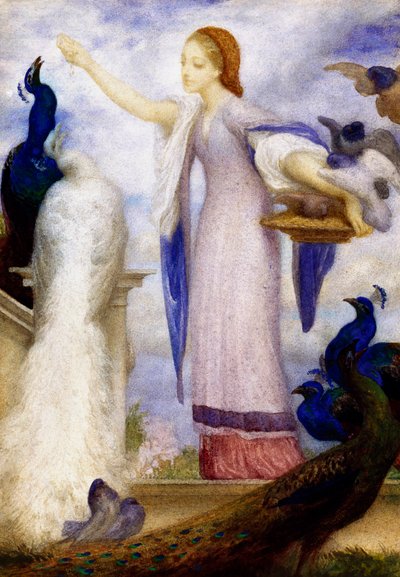 "Jene fille nourrissant les paons" Jest ubrana w stylu antycznym. Obraz autorstwa Lorda Frederica Leightona (1830-1896) (prerafaelity) autorstwa Frederic Leighton