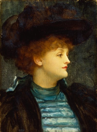 Portret kobiety w turkusowej sukience z czarnym płaszczem i kapeluszem (olej na płótnie) autorstwa Frederic Leighton