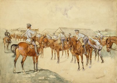 Wezwanie do broni (Dragoni, Mount!) 1892-93 (toaleta, gwasz, długopis i atrament, ołówek i kolor ciała na papierze) autorstwa Frederic Remington