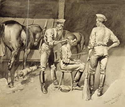 Strzyżenie w stajni kawalerii autorstwa Frederic Remington