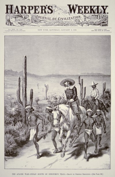 Apache Scouts prowadzą patrol wojskowy w pogoni za Geronimo (1829-1909) z „Tygodnika Harpera” 9 stycznia 1886 (lito) autorstwa Frederic Remington