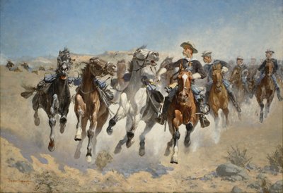 Zdemontowani: Czwarty żołnierze poruszający doprowadzonymi końmi, 1890 autorstwa Frederic Remington