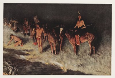 Ogień na prerii, z Colliers Weekly, wyd. 1908 autorstwa Frederic Remington