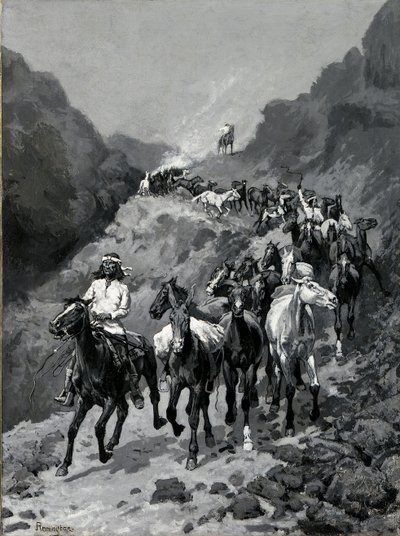 Geronimo i jego zespół powracający z najazdu do Meksyku (olej na płótnie) autorstwa Frederic Remington