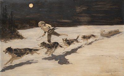 Psy "Huskie" na zamarzniętej autostradzie (Talking Musquash) autorstwa Frederic Remington