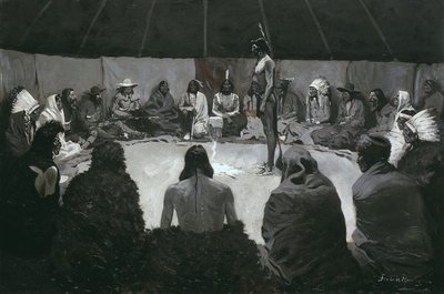 Powiem białemu człowiekowi, ok. 1900 (olej na płótnie) autorstwa Frederic Remington