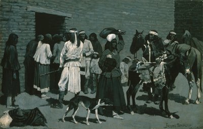 Indiańska wioska Pueblo (dystrybucja wołowiny w agencji San Carlos) ok. 1889 r. autorstwa Frederic Remington