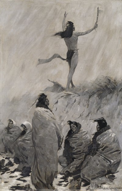 Pożeracz Ognia podniósł ręce w stronę Ptaka Gromu autorstwa Frederic Remington