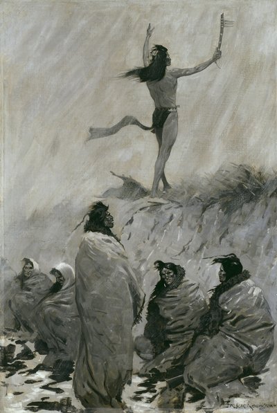 Pożeracz ognia wzniósł ręce do ptaka grzmotu, ok. 1900 autorstwa Frederic Remington