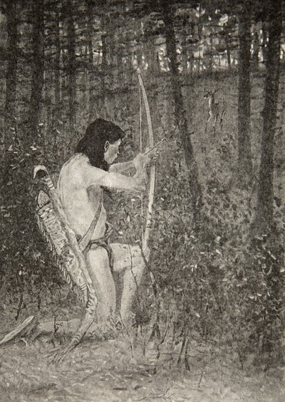 Wtedy, na jednym kolanie powstając, Hiawatha wycelował strzałę, z Pieśni o Hiawatha Henry Wadsworth Longfellow (1807-82), opublikowanej przez George G. Harrap und Company Ltd., 1911 autorstwa Frederic Remington