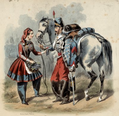 Armia francuska i jej kantyniery: Hussard i cantiniere de trupe de line. Grawerowanie Fryderyka Sorrieu (1807 -? ) autorstwa Frederic Sorrieu