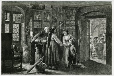 W aptece we wsi Kaysersberg (lub Kaisersberg w Alzacji) konsultacja w nagłych wypadkach. Grawer autorstwa F.Lixa, ilustrujący opowieść „Przez Alzację i Lotaryngię””, w 1884 r. autorstwa Charlesa Grada (1842-1890), niemieckiego posła, pisarza i przyrodnika. autorstwa Frederic Theodore Lix
