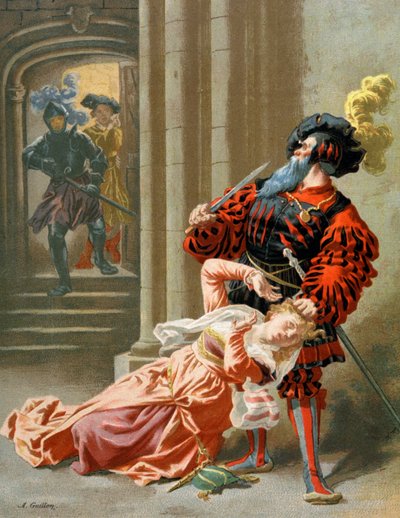 Błękitnobrody próbuje zabić swoją żonę, ok. 1890 r. (ilustracja) autorstwa Frederic Theodore Lix