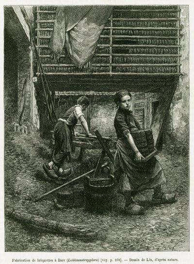 Praca dzieci przy brykietowaniu, Barr. Grawerowanie autorstwa Lixa, ilustrujące opowiadanie „Przez Alzację i Lotaryngię”, w 1887 r., autorstwa Charlesa Grada, niemieckiego zastępcy, w tour du monde 1888, w reżyserii Edouarda Chartona (1807-1890), Hachette, autorstwa Frederic Theodore Lix
