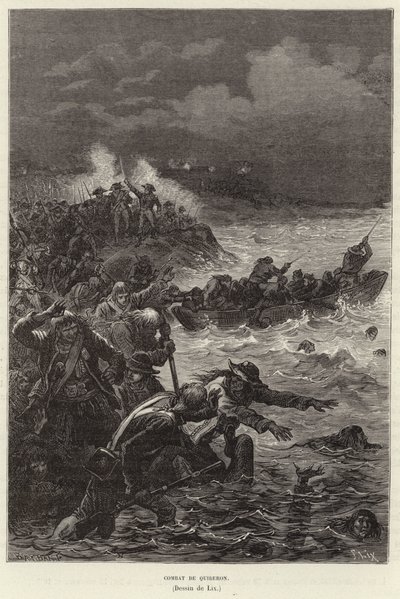 Walka z Quiberonem. Zwolennicy powstania Chouannerie i Vendee próbujący uciec przed siłami republikańskimi w Quiberon, Francja, Rewolucja Francuska autorstwa Frederic Theodore Lix