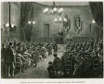 Konferencja dla pracowników warsztatów Dollfus Mieg w Dornach. Grawerowanie autorstwa Lixa ilustrujące opowiadanie A Through Alsace and Lorraine, Charlesa Grada, niemieckiego zastępcy, w 1885, w tour du monde 1886, reżyseria Edouard Charton (1807-1890), Ha autorstwa Frederic Theodore Lix