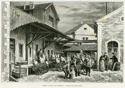 Mleczarnia w Milk Hall w Miluzie. Grawerowanie autorstwa Lixa ilustrujące historię A travers l