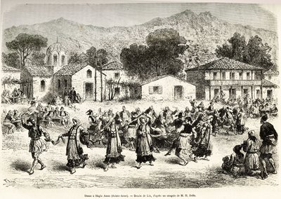 Taniec ludowy na wiejskim placu Haggia Anna (św. Anny). Grawer na podstawie rysunku Lixa, ilustrujący podróż w Grecji, Henri Belle, w latach 1861-1868-1874, opublikowany w „Le tour du monde”” 1876, red. Edouard Charton, wyd. Hachette, Paryż autorstwa Frederic Theodore Lix