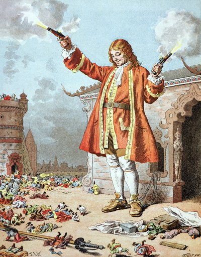 „Wszyscy upadli do tyłu, jakby uderzył ich piorun”, ilustracja z „Podróży Guliwera” Jonathana Swifta (1667-1745) autorstwa Frederic Theodore Lix