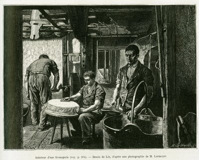 Wewnątrz fabryki sera. Grawerowanie autorstwa Lixa, ilustrujące opowiadanie A Through Alsace and Lorraine, autorstwa Charlesa Grada, niemieckiego zastępcy, w 1885 roku, w tour du monde 1887, pod kierunkiem Edouarda Chartona (1807-1890), Hachette, Paryż. autorstwa Frederic Theodore Lix