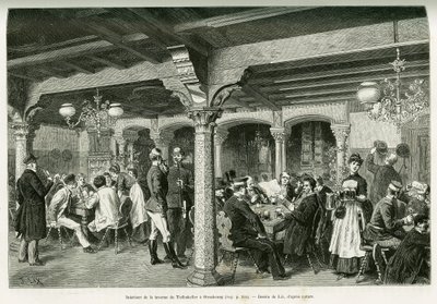 Wnętrze tawerny Tiefenkeller w Strasburgu. Grawerowanie autorstwa Lixa, ilustrujące opowiadanie „Przez Alzację i Lotaryngię”, w 1887 r., autorstwa Charlesa Grada, niemieckiego zastępcy, w tour du monde 1888, w reżyserii Edouarda Chartona (1807-1890), Hache autorstwa Frederic Theodore Lix