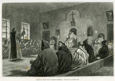 Spotkanie kapituły wśród trapistów z Oelenbergu. Grawerowanie autorstwa Lixa ilustrujące historię A travers l