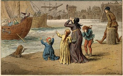 Popularna piosenka: „A Nantes est arrival””. Dzieci opłakują swoje morze, zabrane przez marynarza. Ilustracja (fragment) autorstwa Frederica Theodore