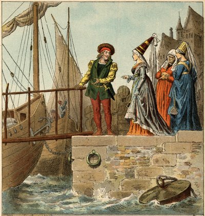 Popularna piosenka: „Przybyło Nantes””. Ilustracja (fragment) Frederica Theodore Lixa (1830-1897) w „”Piosenkach i rundach dziecięcych z prowincji Francji”” autorstwa Frederic Theodore Lix