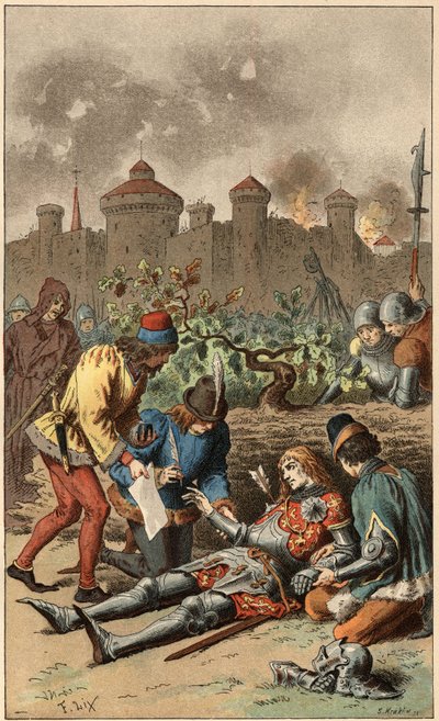 Popularna piosenka: „To był wielki książę Maine”. Śmierć księcia Maine przeszyta strzałą. Ilustracja autorstwa Frederica Theodore