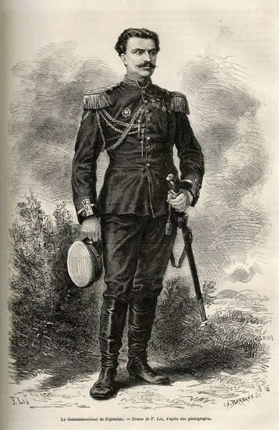 Portret podróżnika i narratora podpułkownika Prjewalskiego, rysunek F.Lixa ilustrujący podróż do Mongolii i ziemi Tangutów w latach 1870-1873, autorstwa podpułkownika Prjewalskiego. Grawerowanie w Le tour du monde autorstwa Frederic Theodore Lix