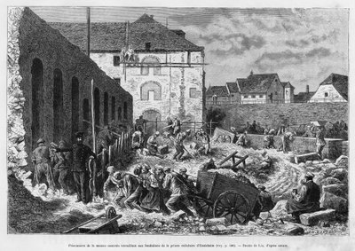 Więźniowie domu centralnego pracujący przy fundamentach więzienia w celi Ensisheim. Grawer autorstwa Lixa ilustrujący historię A travers l
