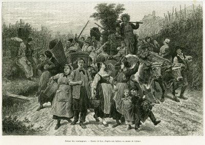 Powrót zbiorów. Grawerowanie autorstwa Lixa, ilustrujące opowiadanie „Przez Alzację i Lotaryngię”, w 1887 r., autorstwa Charlesa Grada, niemieckiego zastępcy, w tour du monde 1888, w reżyserii Edouarda Chartona (1807-1890), Hachette, Paryż. autorstwa Frederic Theodore Lix