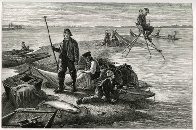 Połów łososia. Grawer autorstwa F.Lixa, ilustrujący opowieść „Przez Alzację i Lotaryngię””, w 1884 r. autorstwa Charlesa Grada (1842-1890), niemieckiego deputowanego, pisarza i przyrodnika. Opublikowano w Le Tour du monde, nouveau journal des voyages, 2. s autorstwa Frederic Theodore Lix