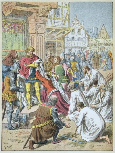 Oblężenie Calais przez Edwarda III w latach 1346 - 1347. Królowa Filipa de Hainaut błagała swojego oblubieńca o udzielenie pomocy burżuazji Calais. autorstwa Frederic Theodore Lix