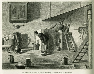 Destylacja kirschu na zamku Isenburg. Grawerowanie autorstwa Lixa, ilustrujące opowiadanie „Przez Alzację i Lotaryngię”, w 1887 r., autorstwa Charlesa Grada, niemieckiego zastępcy, w tour du monde 1888, w reżyserii Edouarda Chartona (1807-1890), Hachette,  autorstwa Frederic Theodore Lix