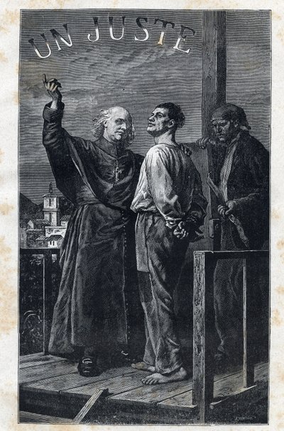 Eveque Myriel towarzyszy wyrokowi śmierci, który wspina się na rusztowanie - Ilustracja Frederica Theodore