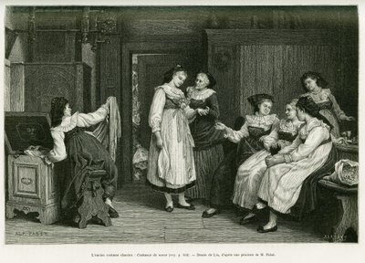 Stary strój alzacki. Grawerowanie autorstwa Lixa, po obrazie Present de Noces autorstwa Pabsta, aby zilustrować historię A Through Alsace and Lorraine, autorstwa Charlesa Grada, niemieckiego zastępcy, w 1885, w tour du monde 1887, pod kierunkiem Edouarda C autorstwa Frederic Theodore Lix
