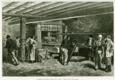 Prasa win alzackich winiarzy. Grawerowanie autorstwa Lixa, ilustrujące opowiadanie „Przez Alzację i Lotaryngię”, w 1887 r., autorstwa Charlesa Grada, niemieckiego zastępcy, w tour du monde 1888, w reżyserii Edouarda Chartona (1807-1890), Hachette, Paryż. autorstwa Frederic Theodore Lix
