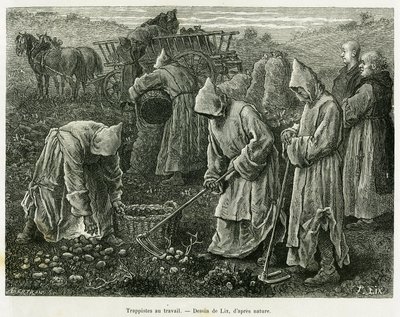 Trapiści w pracy. Grawerowanie autorstwa Lixa ilustrujące historię A travers l