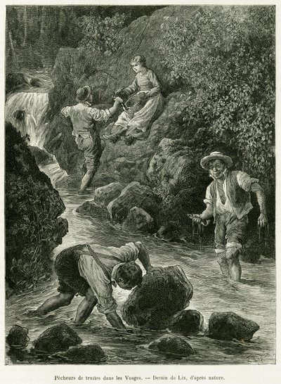 Rybacy pstrąga w Wogezach. Grawerowanie autorstwa Lixa, ilustrujące opowiadanie A Through Alsace and Lorraine, autorstwa Charlesa Grada, niemieckiego zastępcy, w 1885 roku, w tour du monde 1887, pod kierunkiem Edouarda Chartona (1807-1890), Hachette, Paryż autorstwa Frederic Theodore Lix