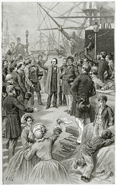 Victor Hugo nawołuje do stworzenia republiki powszechnej podczas przemówienia na wygnaniu 1 sierpnia 1852 r., XIX w. (rycina bw) autorstwa Frederic Theodore Lix