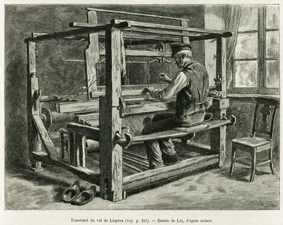Tkacz z Doliny Liepvre. Grawerowanie autorstwa Lixa, ilustrujące opowiadanie „Przez Alzację i Lotaryngię”, w 1887 r., autorstwa Charlesa Grada, niemieckiego zastępcy, w tour du monde 1888, w reżyserii Edouarda Chartona (1807-1890), Hachette, Paryż. autorstwa Frederic Theodore Lix
