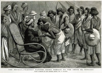 Soudan: Przyjaźni tubylcy oddający hołd szejkowi el Morgani, z „Grafiki”, 19 kwietnia 1884 (rycina) autorstwa Frederic Villiers