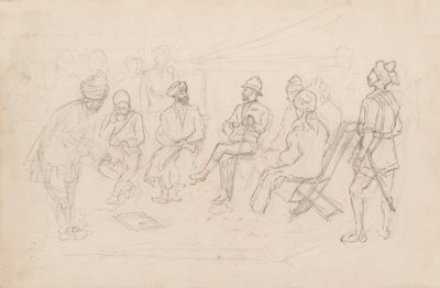 „Spotkanie Cavagnari z chanem Lalpury w Dakce w lutym 1879” (ołówek) autorstwa Frederic Villiers