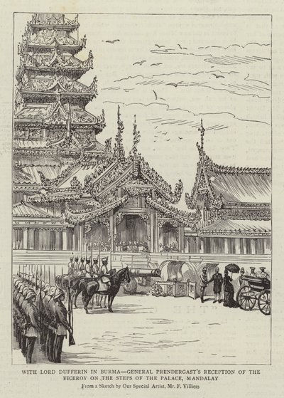 Z lordem Dufferinem w Birmie, przyjęcie wicekróla przez generała Prendergasta na schodach pałacu, Mandalay autorstwa Frederic Villiers
