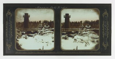 Zimowy wodospad Niagara, wieża Terrapin z Koziej Wyspy autorstwa Frederic and William Langenheim